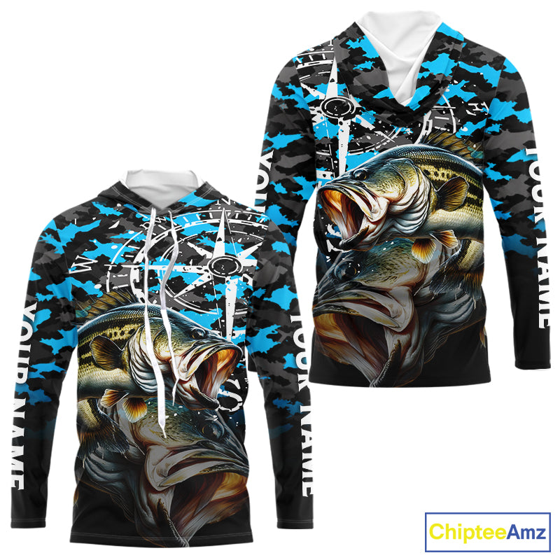 Largemouth Bass Hooded Fishing Shirt, Blue Camo Compass Long Sleeve Fishing Jersey