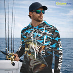 Largemouth Bass Hooded Fishing Shirt, Blue Camo Compass Long Sleeve Fishing Jersey
