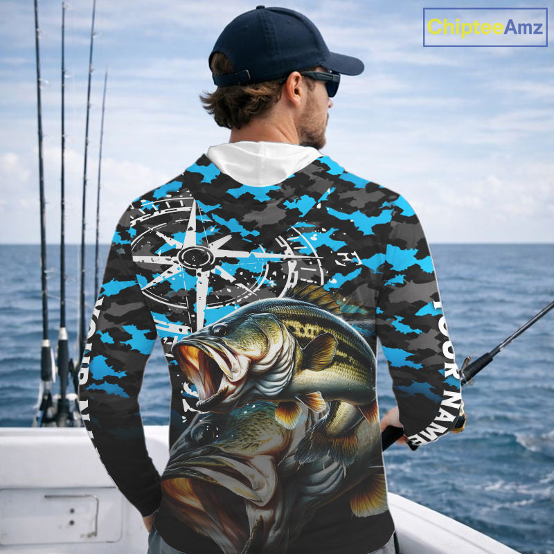 Largemouth Bass Hooded Fishing Shirt, Blue Camo Compass Long Sleeve Fishing Jersey