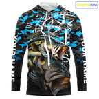 Largemouth Bass Hooded Fishing Shirt, Blue Camo Compass Long Sleeve Fishing Jersey