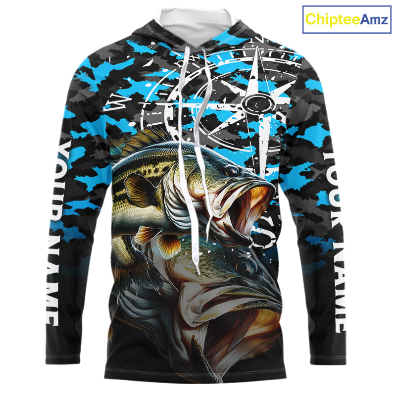 Largemouth Bass Hooded Fishing Shirt, Blue Camo Compass Long Sleeve Fishing Jersey