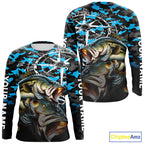 Largemouth Bass Fishing Shirt, Blue Camo Compass Long Sleeve Fishing Jersey