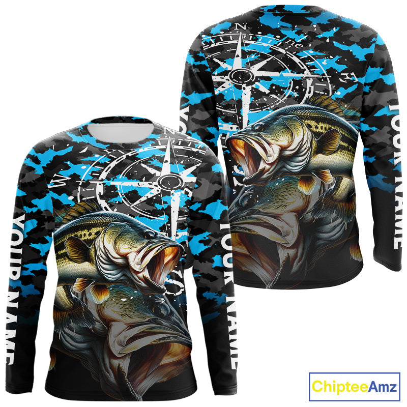 Largemouth Bass Fishing Shirt, Blue Camo Compass Long Sleeve Fishing Jersey