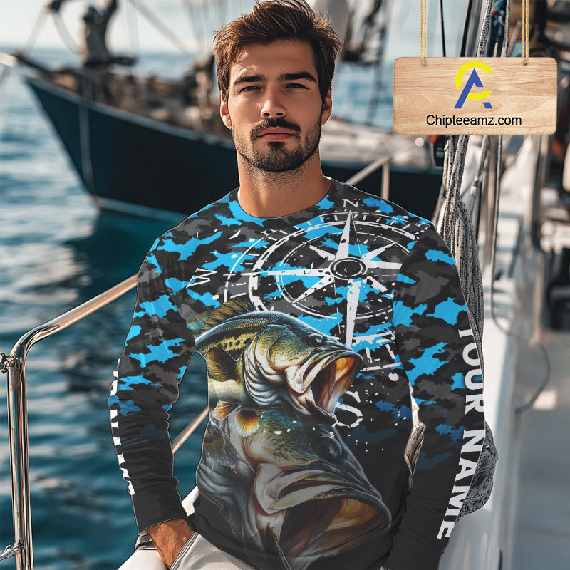 Largemouth Bass Fishing Shirt, Blue Camo Compass Long Sleeve Fishing Jersey
