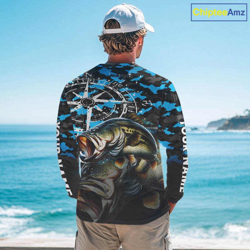 Largemouth Bass Fishing Shirt, Blue Camo Compass Long Sleeve Fishing Jersey