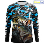 Largemouth Bass Fishing Shirt, Blue Camo Compass Long Sleeve Fishing Jersey