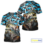 Largemouth Bass Fishing Shirt, Blue Camo Compass Short Sleeve Fishing Jersey