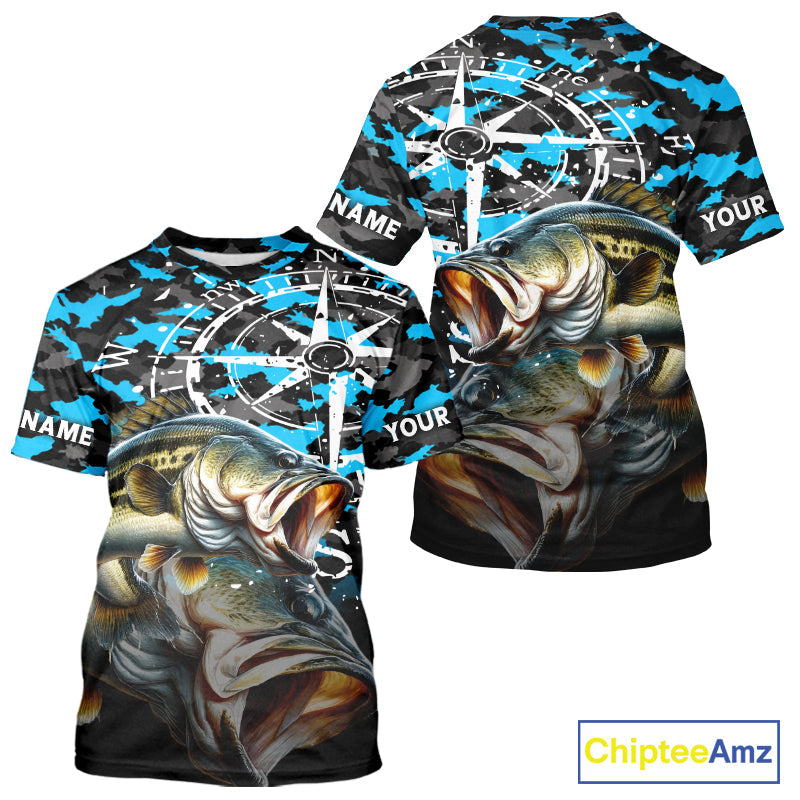 Largemouth Bass Fishing Shirt, Blue Camo Compass Short Sleeve Fishing Jersey