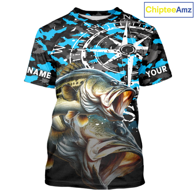 Largemouth Bass Fishing Shirt, Blue Camo Compass Short Sleeve Fishing Jersey