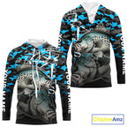 Crappie Hooded Fishing Shirt, Blue Camo Compass Long Sleeve Fishing Jersey
