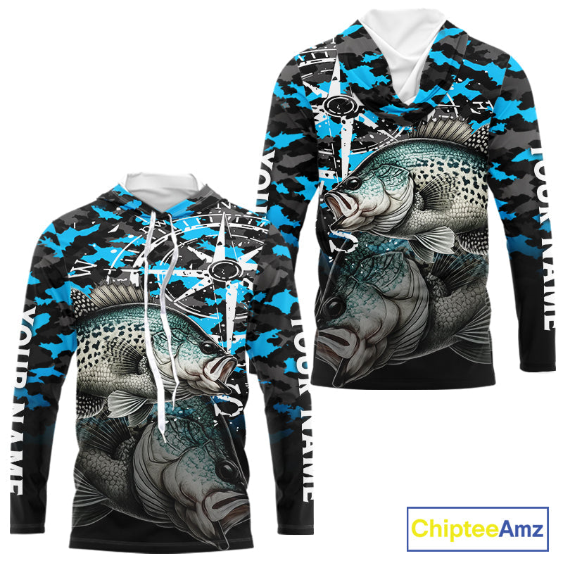 Crappie Hooded Fishing Shirt, Blue Camo Compass Long Sleeve Fishing Jersey