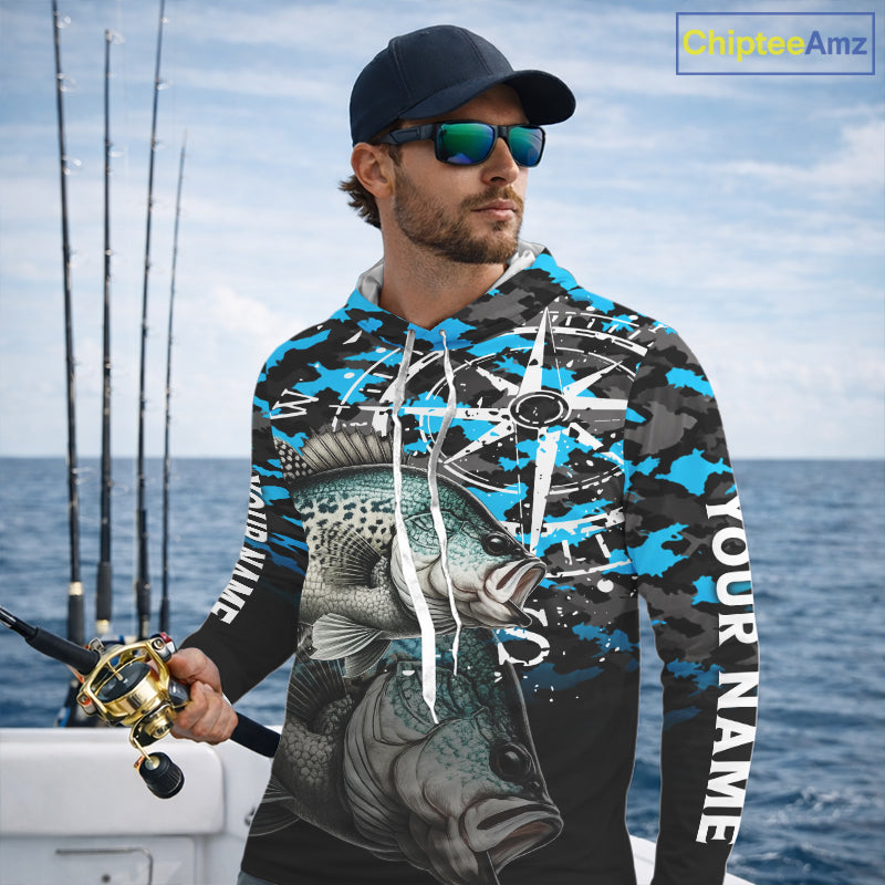 Crappie Hooded Fishing Shirt, Blue Camo Compass Long Sleeve Fishing Jersey