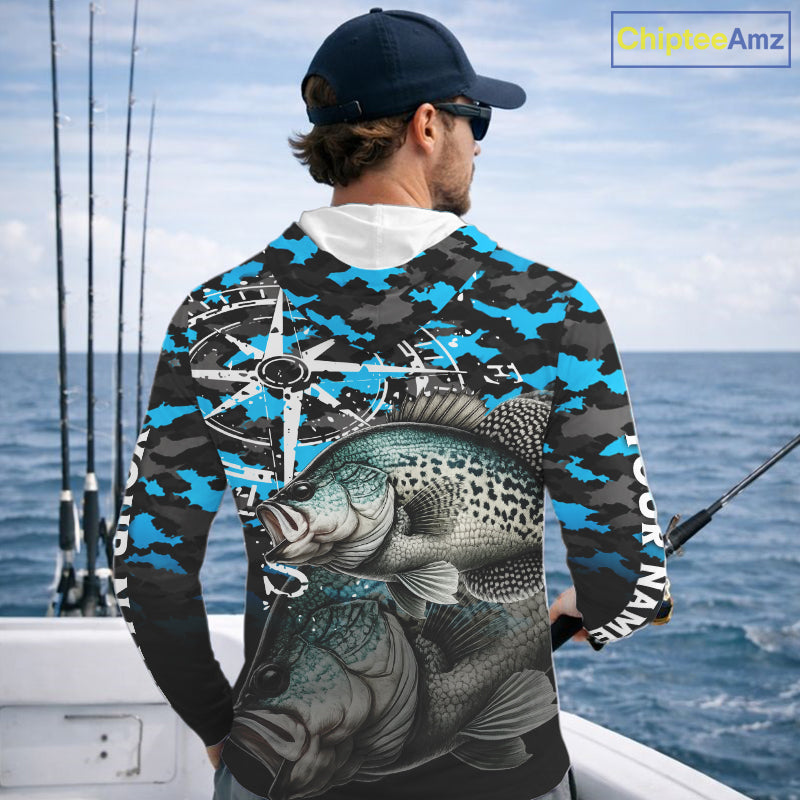 Crappie Hooded Fishing Shirt, Blue Camo Compass Long Sleeve Fishing Jersey