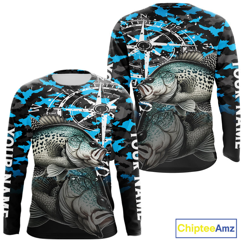 Crappie Fishing Shirt, Blue Camo Compass Long Sleeve Fishing Jersey