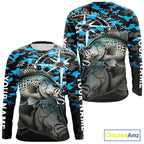 Crappie Fishing Shirt, Blue Camo Compass Long Sleeve Fishing Jersey