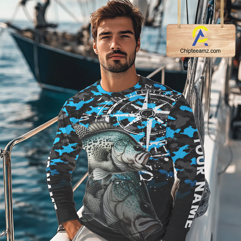Crappie Fishing Shirt, Blue Camo Compass Long Sleeve Fishing Jersey