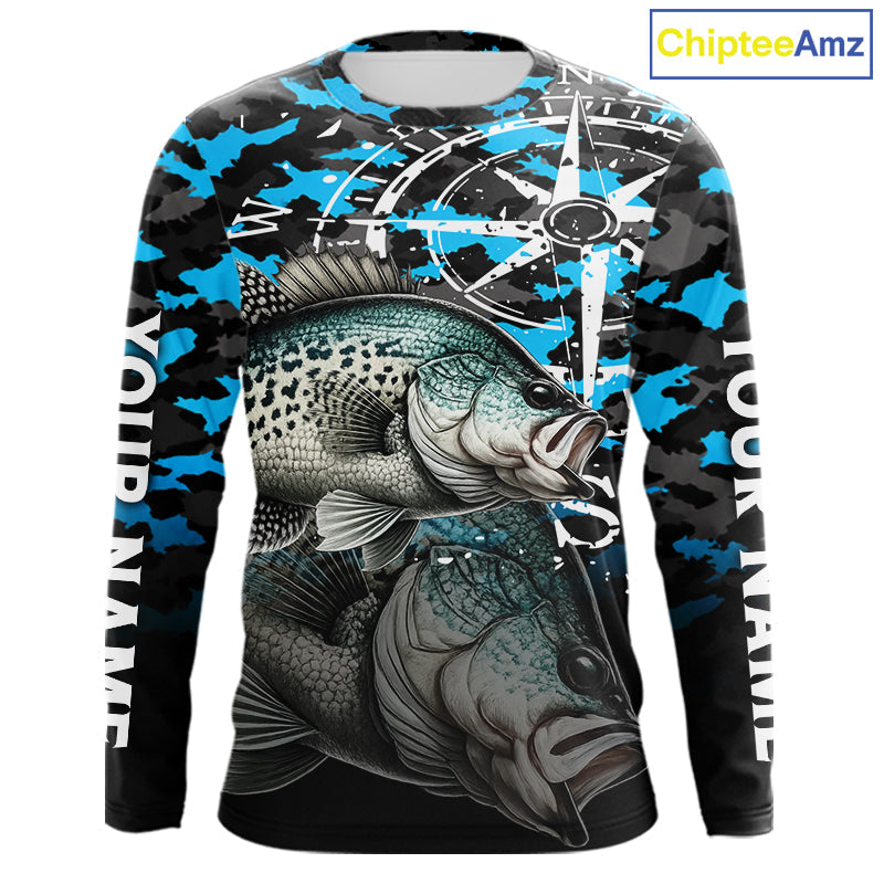 Crappie Fishing Shirt, Blue Camo Compass Long Sleeve Fishing Jersey