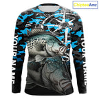 Crappie Fishing Shirt, Blue Camo Compass Long Sleeve Fishing Jersey