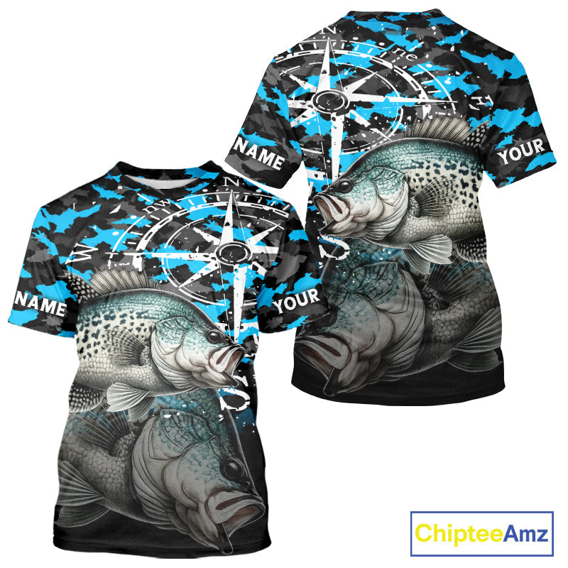 Crappie Fishing Shirt, Blue Camo Compass Short Sleeve Fishing Jersey