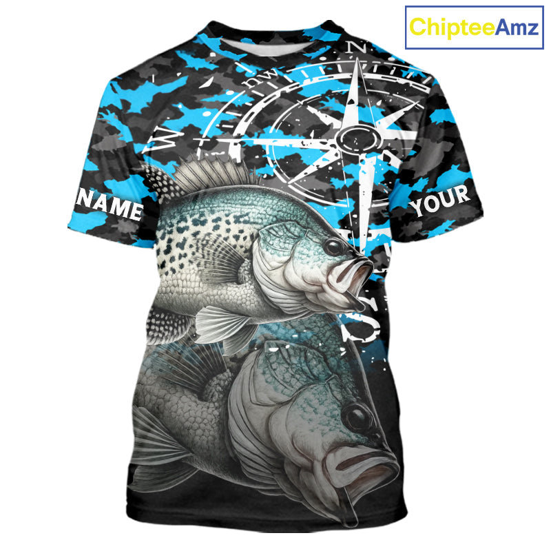 Crappie Fishing Shirt, Blue Camo Compass Short Sleeve Fishing Jersey