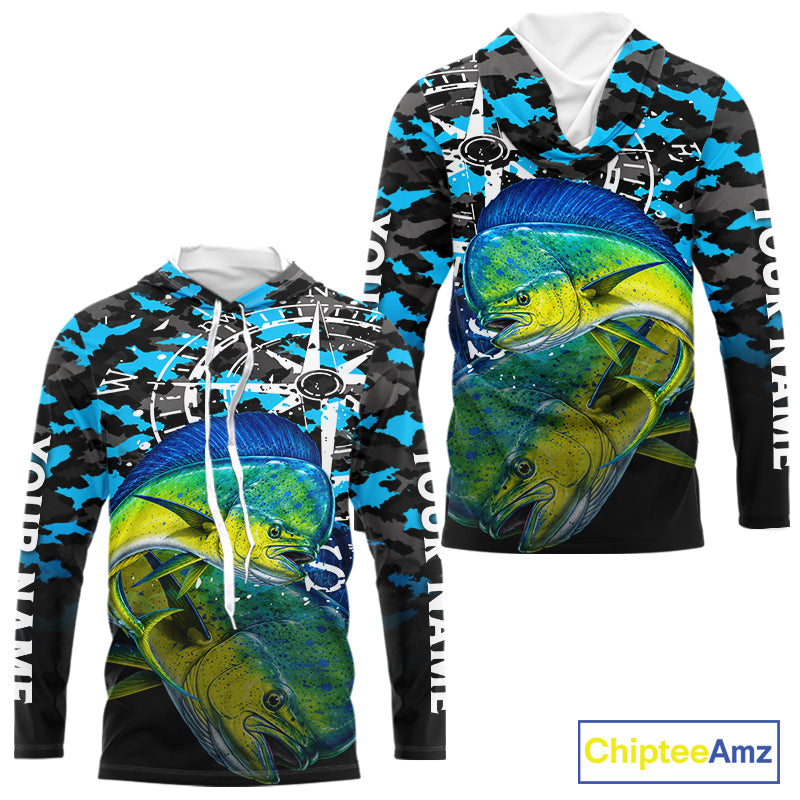 Mahi Mahi Hooded Fishing Shirt, Blue Camo Compass Long Sleeve Fishing Jersey