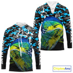 Mahi Mahi Hooded Fishing Shirt, Blue Camo Compass Long Sleeve Fishing Jersey