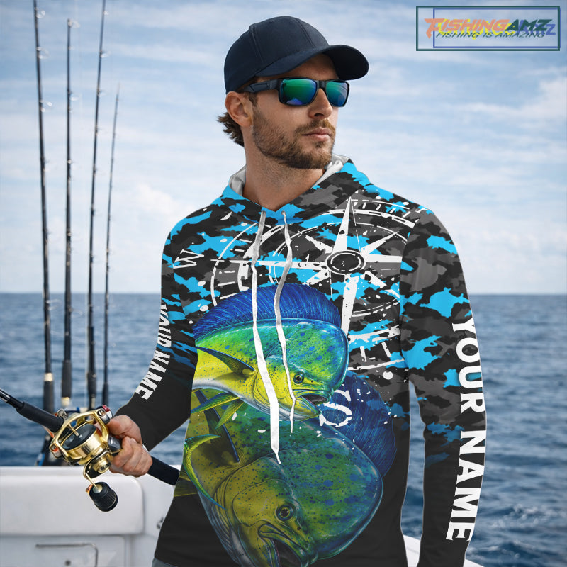 Mahi Mahi Hooded Fishing Shirt, Blue Camo Compass Long Sleeve Fishing Jersey