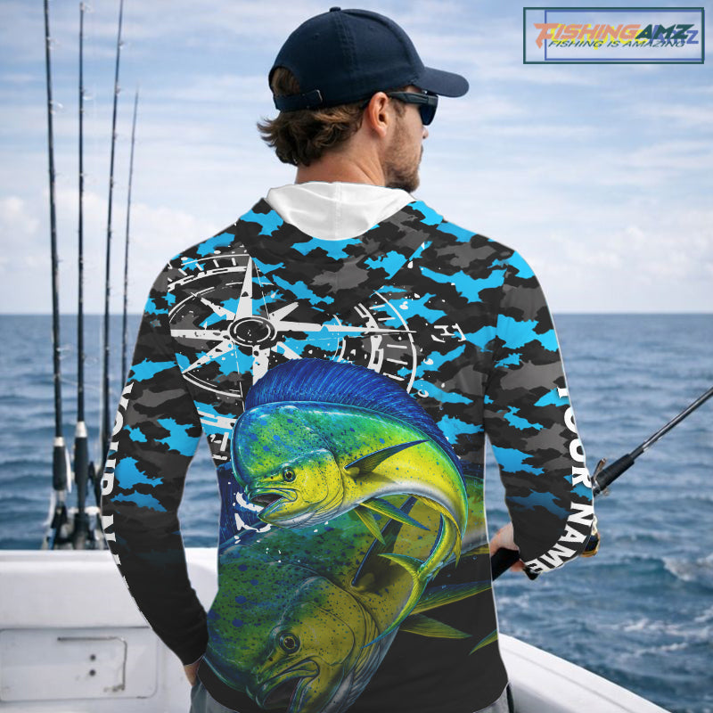 Mahi Mahi Hooded Fishing Shirt, Blue Camo Compass Long Sleeve Fishing Jersey