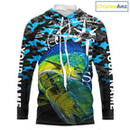 Mahi Mahi Hooded Fishing Shirt, Blue Camo Compass Long Sleeve Fishing Jersey