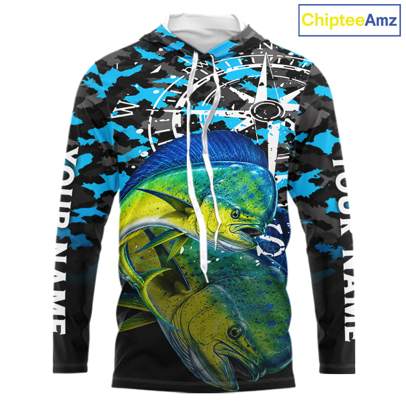 Mahi Mahi Hooded Fishing Shirt, Blue Camo Compass Long Sleeve Fishing Jersey