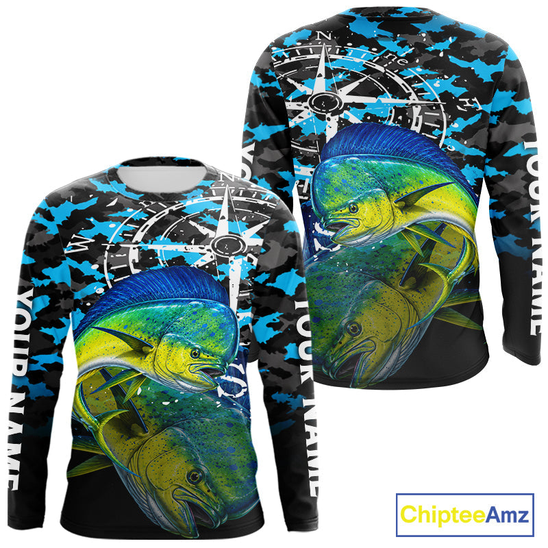Mahi Mahi Fishing Shirt, Blue Camo Compass Long Sleeve Fishing Jersey