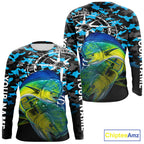 Mahi Mahi Fishing Shirt, Blue Camo Compass Long Sleeve Fishing Jersey