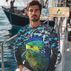 Mahi Mahi Fishing Shirt, Blue Camo Compass Long Sleeve Fishing Jersey