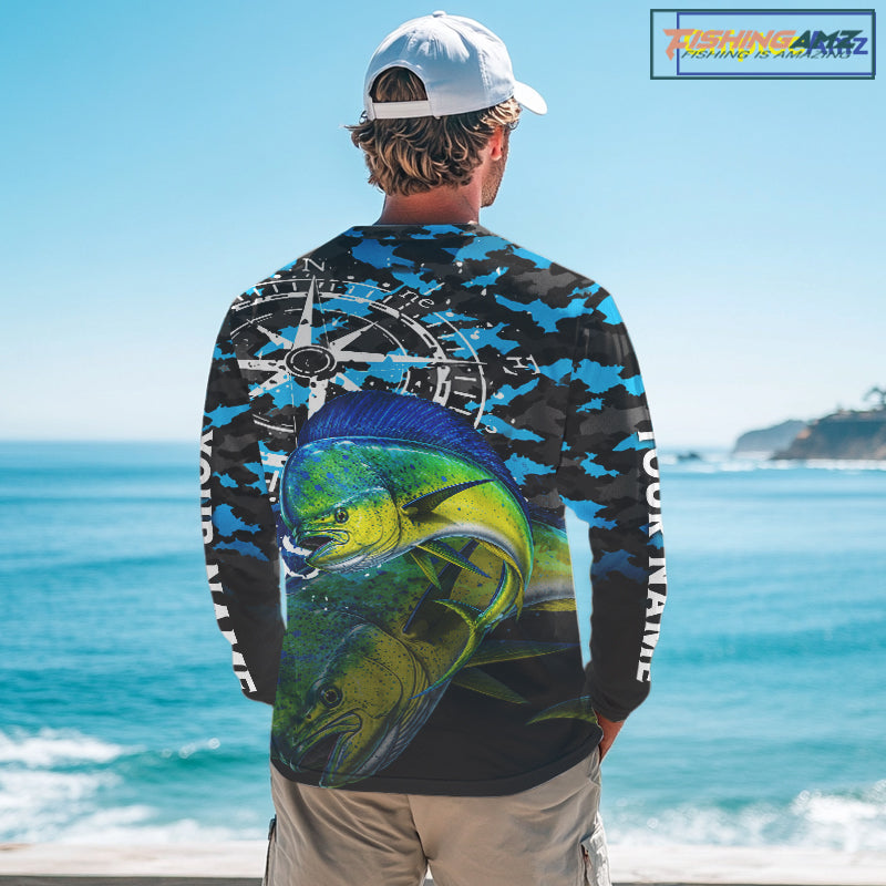 Mahi Mahi Fishing Shirt, Blue Camo Compass Long Sleeve Fishing Jersey