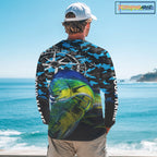 Mahi Mahi Fishing Shirt, Blue Camo Compass Long Sleeve Fishing Jersey