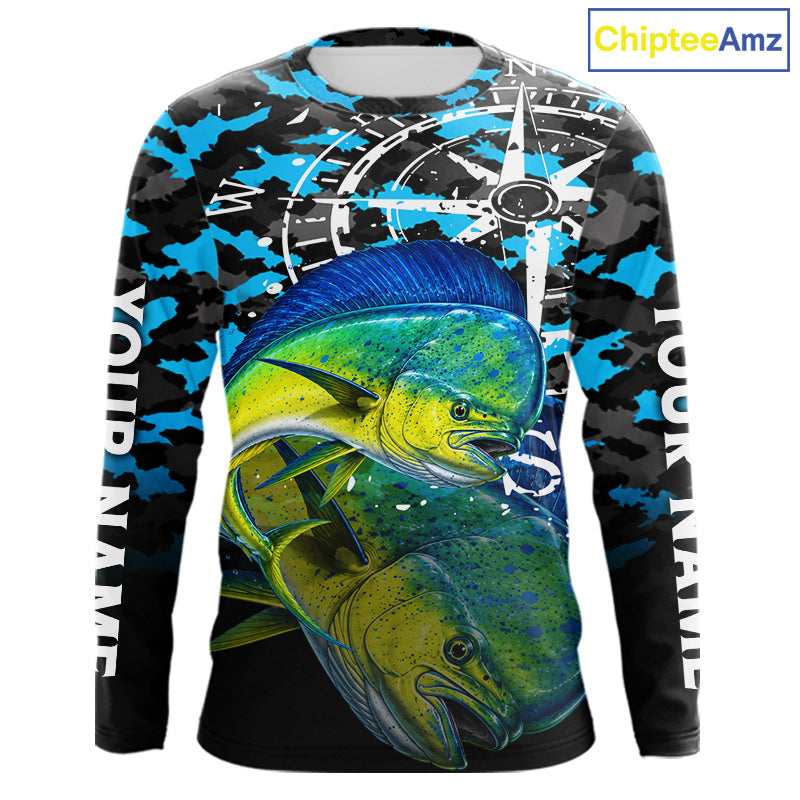 Mahi Mahi Fishing Shirt, Blue Camo Compass Long Sleeve Fishing Jersey