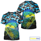 Mahi Mahi Fishing Shirt, Blue Camo Compass Short Sleeve Fishing Jersey