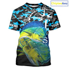 Mahi Mahi Fishing Shirt, Blue Camo Compass Short Sleeve Fishing Jersey