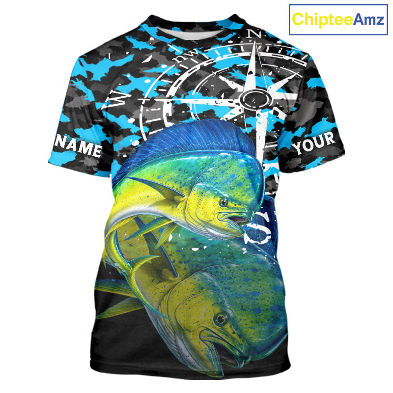 Mahi Mahi Fishing Shirt, Blue Camo Compass Short Sleeve Fishing Jersey
