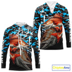 Redfish( Red Drum) Hooded Fishing Shirt, Blue Camo Compass Long Sleeve Fishing Jersey