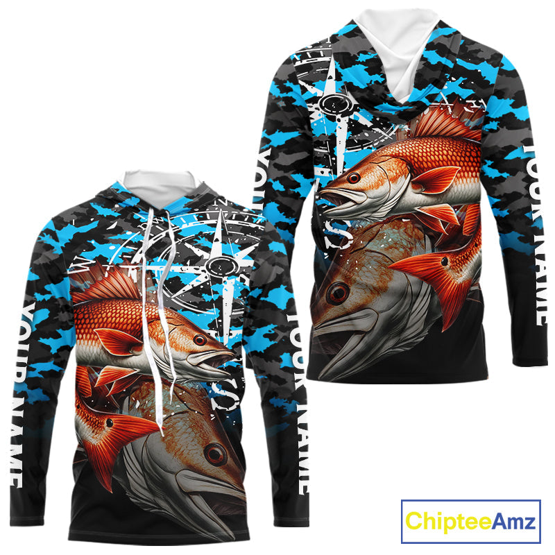 Redfish( Red Drum) Hooded Fishing Shirt, Blue Camo Compass Long Sleeve Fishing Jersey