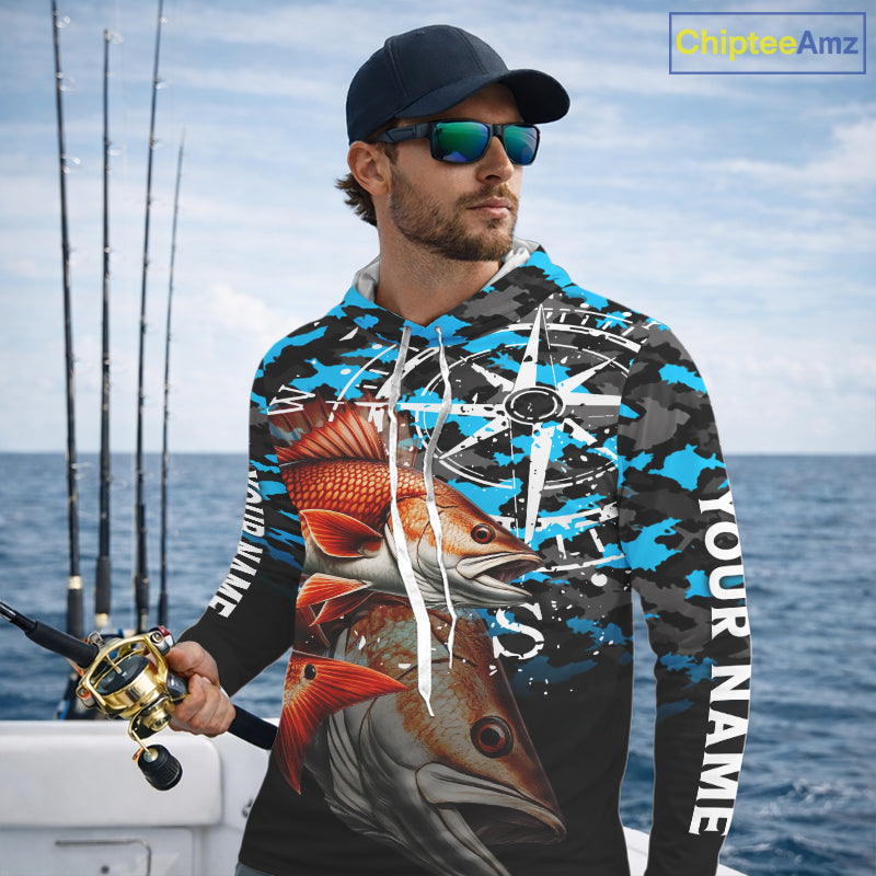 Redfish( Red Drum) Hooded Fishing Shirt, Blue Camo Compass Long Sleeve Fishing Jersey