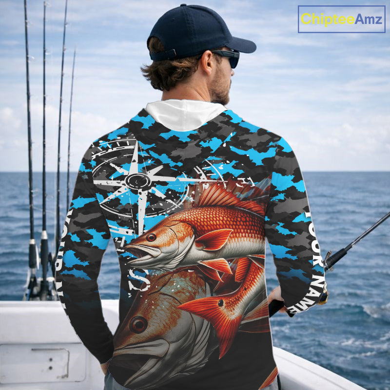 Redfish( Red Drum) Hooded Fishing Shirt, Blue Camo Compass Long Sleeve Fishing Jersey