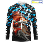Redfish( Red Drum) Hooded Fishing Shirt, Blue Camo Compass Long Sleeve Fishing Jersey