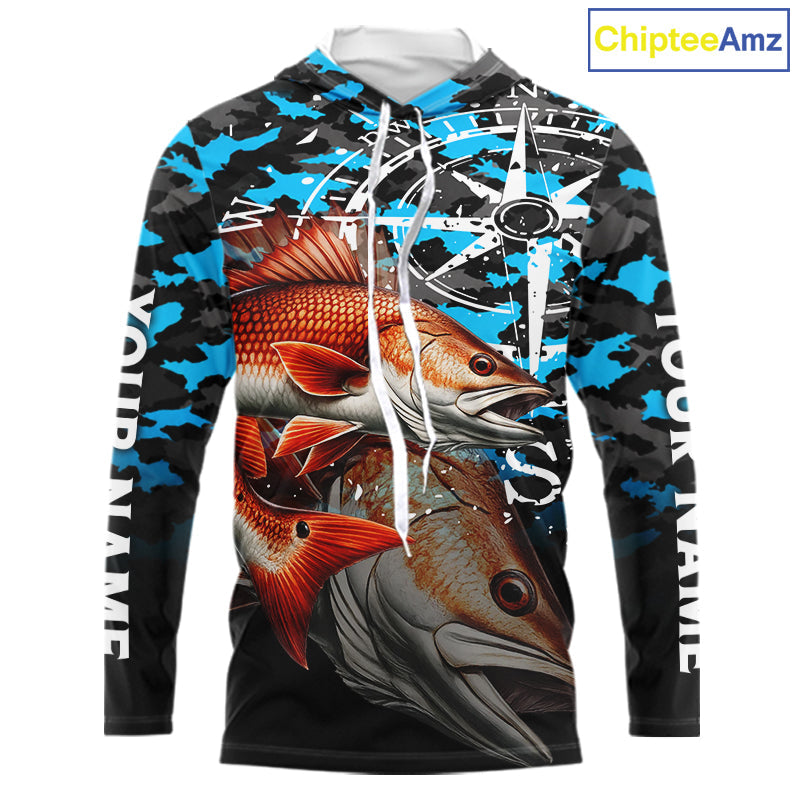 Redfish( Red Drum) Hooded Fishing Shirt, Blue Camo Compass Long Sleeve Fishing Jersey