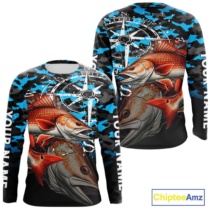 Redfish( Red Drum) Fishing Shirt, Blue Camo Compass Long Sleeve Fishing Jersey