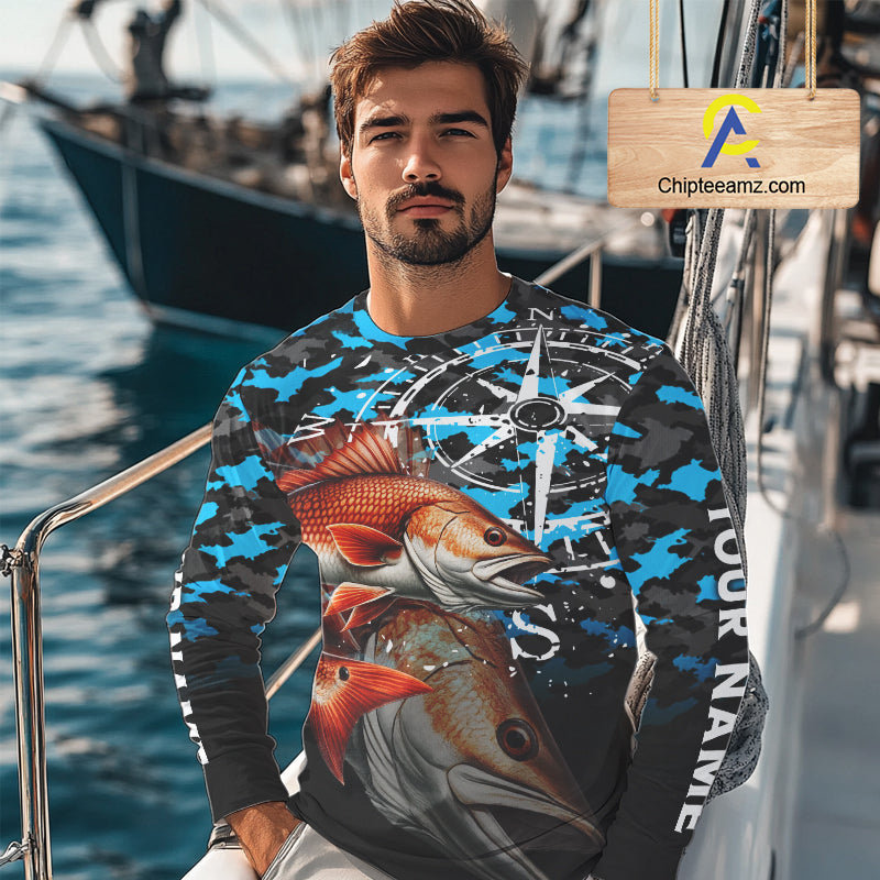 Redfish( Red Drum) Fishing Shirt, Blue Camo Compass Long Sleeve Fishing Jersey