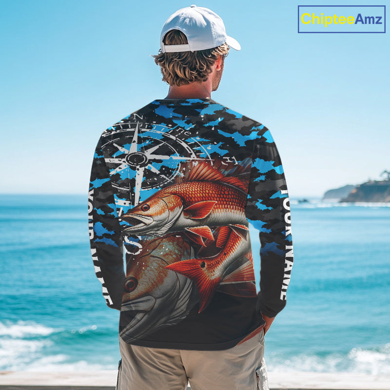 Redfish( Red Drum) Fishing Shirt, Blue Camo Compass Long Sleeve Fishing Jersey