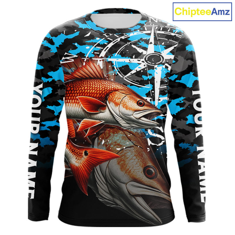 Redfish( Red Drum) Fishing Shirt, Blue Camo Compass Long Sleeve Fishing Jersey