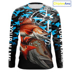 Redfish( Red Drum) Fishing Shirt, Blue Camo Compass Long Sleeve Fishing Jersey
